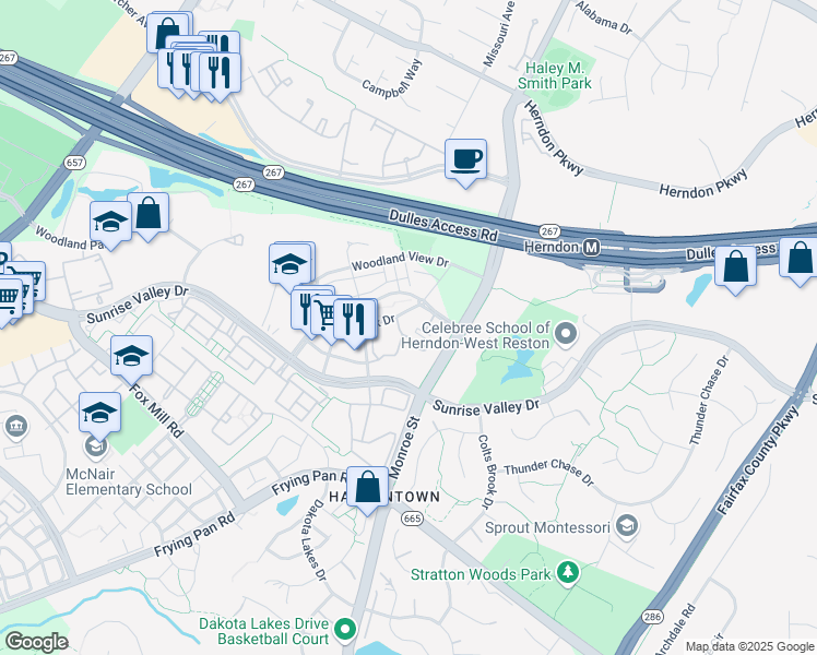 map of restaurants, bars, coffee shops, grocery stores, and more near 12957 Centre Park Circle in Herndon