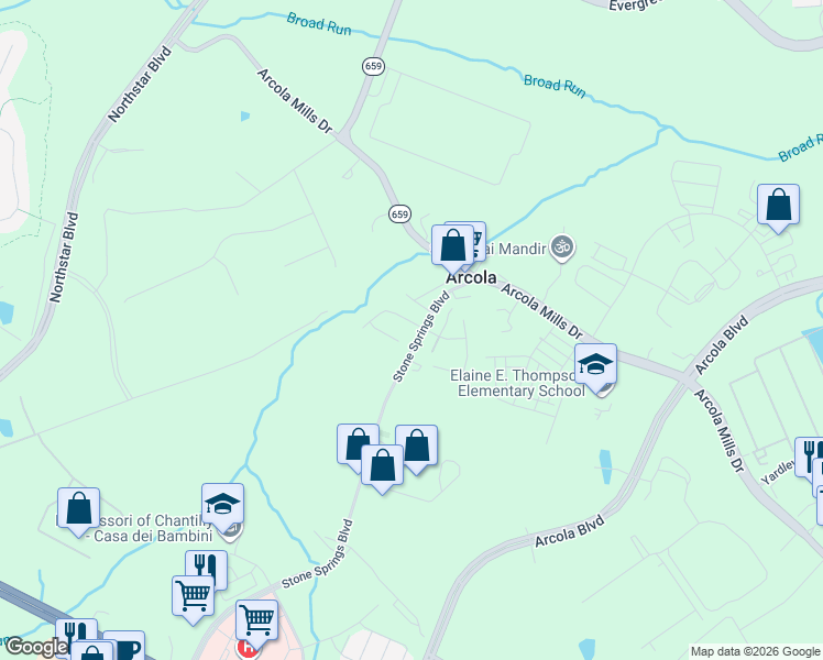 map of restaurants, bars, coffee shops, grocery stores, and more near 42373 Winsbury West Place in Sterling