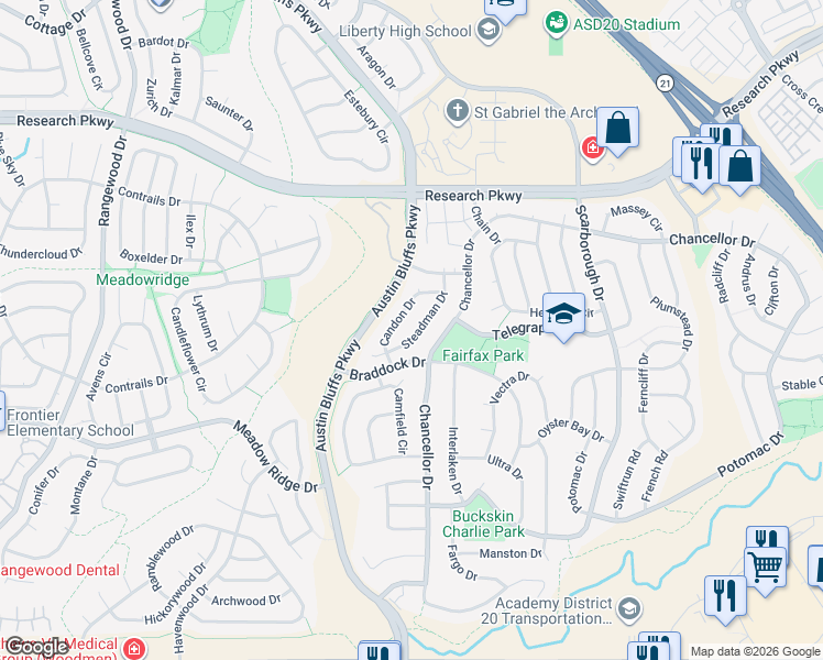 map of restaurants, bars, coffee shops, grocery stores, and more near 8214 Steadman Drive in Colorado Springs