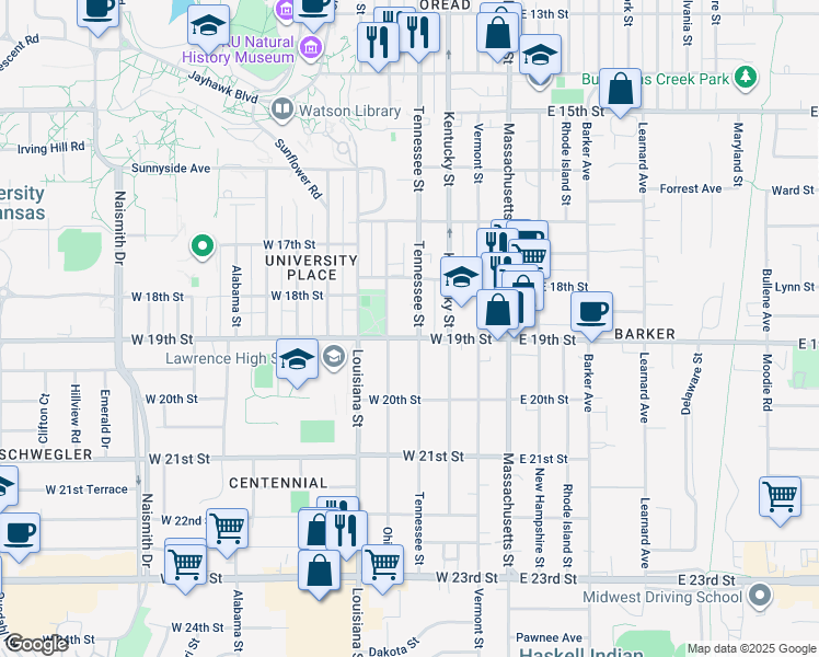 map of restaurants, bars, coffee shops, grocery stores, and more near 1845 Tennessee Street in Lawrence