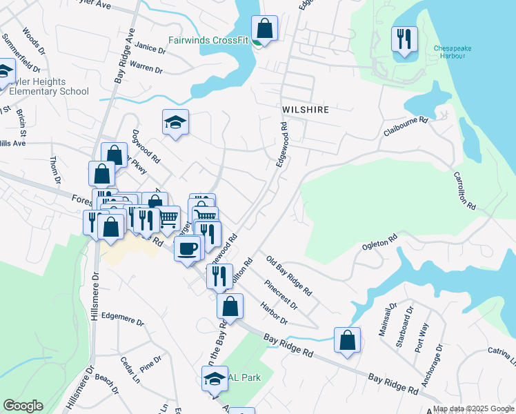 map of restaurants, bars, coffee shops, grocery stores, and more near 964 Breakwater Drive in Annapolis