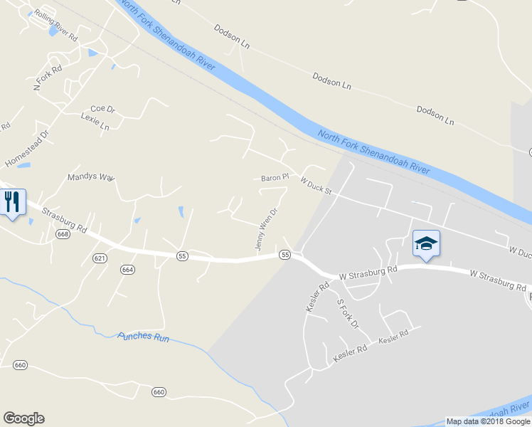 map of restaurants, bars, coffee shops, grocery stores, and more near 149 Jenny Wren Dr in Front Royal