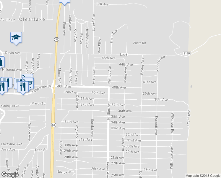 map of restaurants, bars, coffee shops, grocery stores, and more near 15903 40th Avenue in Clearlake