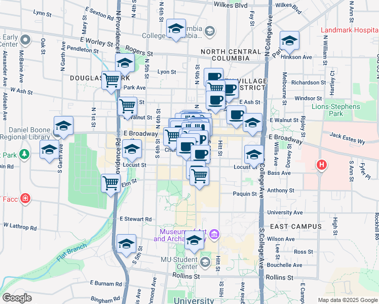 map of restaurants, bars, coffee shops, grocery stores, and more near 8 South 9th Street in Columbia