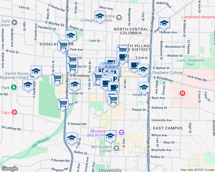 map of restaurants, bars, coffee shops, grocery stores, and more near 8 South 9th Street in Columbia