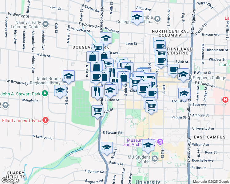 map of restaurants, bars, coffee shops, grocery stores, and more near 400-498 Cherry St in Columbia