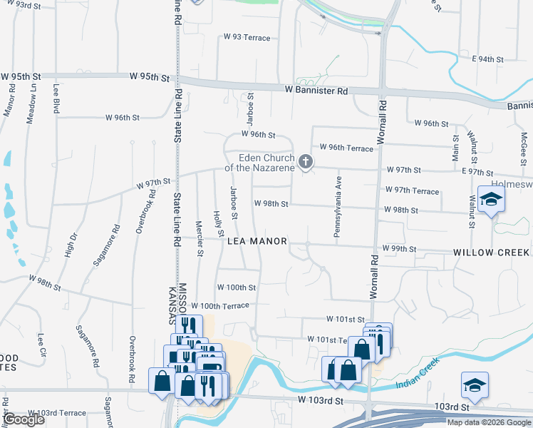 map of restaurants, bars, coffee shops, grocery stores, and more near 9805 Belleview Avenue in Kansas City