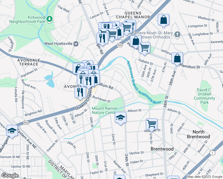 map of restaurants, bars, coffee shops, grocery stores, and more near 3301 Chillum Road in Mount Rainier
