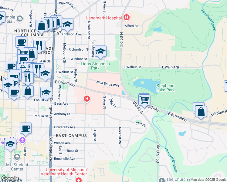map of restaurants, bars, coffee shops, grocery stores, and more near 1705 East Broadway in Columbia