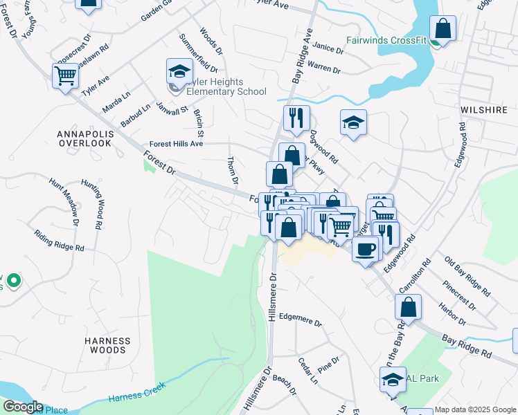 map of restaurants, bars, coffee shops, grocery stores, and more near 155 Quiet Waters Place in Annapolis
