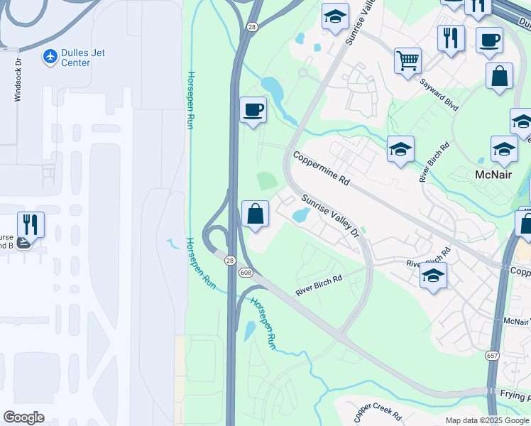 map of restaurants, bars, coffee shops, grocery stores, and more near 2553 Dulles View Drive in Herndon