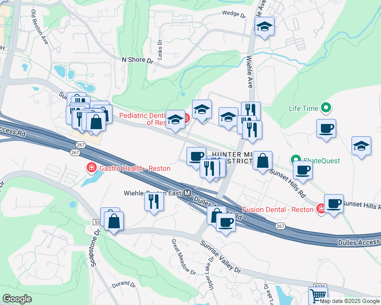 map of restaurants, bars, coffee shops, grocery stores, and more near 1881 Metro Center Drive in Reston