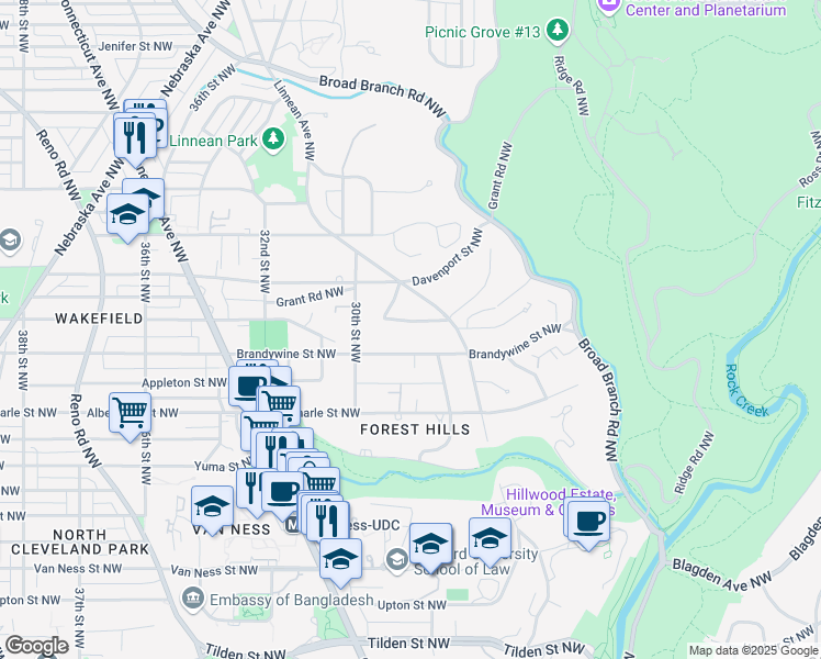 map of restaurants, bars, coffee shops, grocery stores, and more near 2934 Chesapeake Street Northwest in Washington