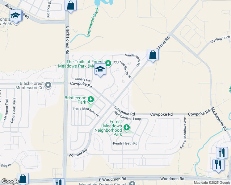 map of restaurants, bars, coffee shops, grocery stores, and more near Needle Drop Court in Colorado Springs
