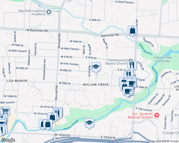 map of restaurants, bars, coffee shops, grocery stores, and more near 98 East 98th Street in Kansas City
