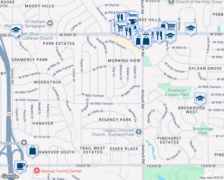 map of restaurants, bars, coffee shops, grocery stores, and more near 9746 Eby Street in Overland Park