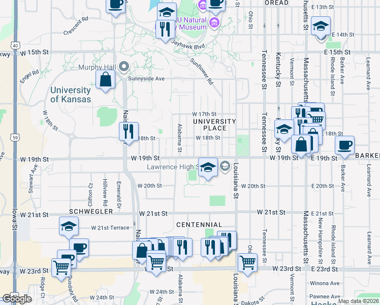 map of restaurants, bars, coffee shops, grocery stores, and more near 1831 Illinois Street in Lawrence