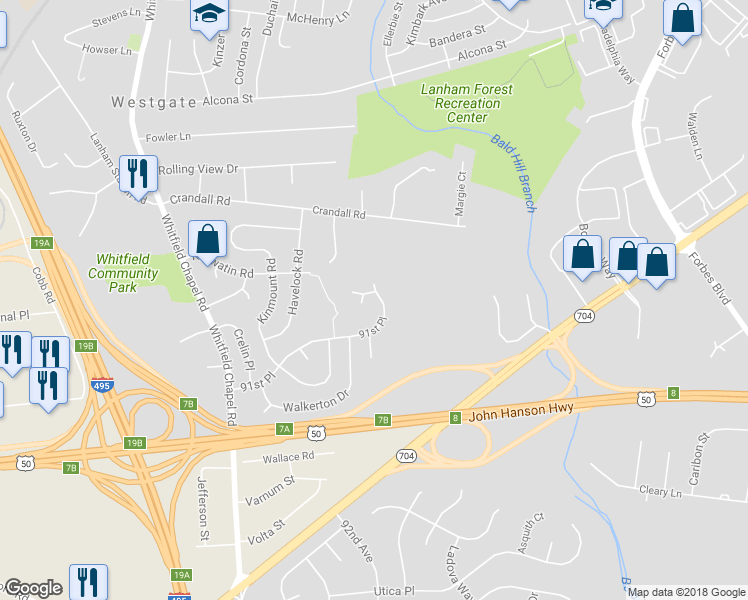 map of restaurants, bars, coffee shops, grocery stores, and more near 9105 Elderberry Way in Lanham