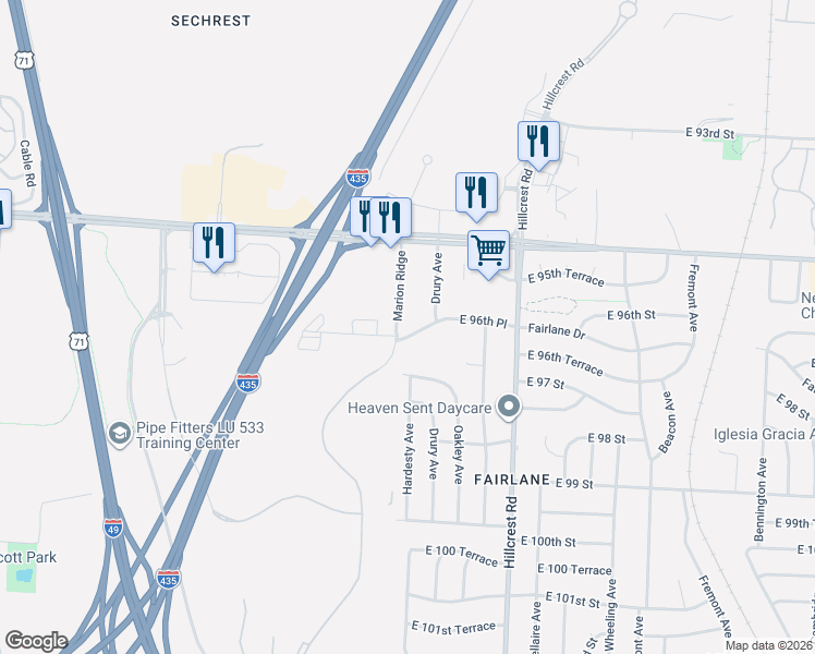 map of restaurants, bars, coffee shops, grocery stores, and more near 5400 East 96th Place in Kansas City