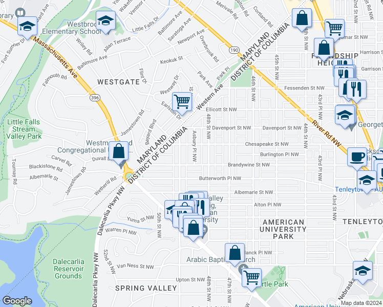 map of restaurants, bars, coffee shops, grocery stores, and more near 4622 Asbury Place Northwest in Washington
