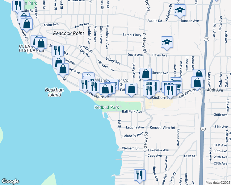 map of restaurants, bars, coffee shops, grocery stores, and more near 14791 Palmer Avenue in Clearlake