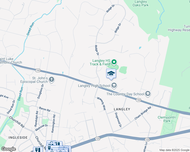 map of restaurants, bars, coffee shops, grocery stores, and more near 6600 Weatheford Court in McLean
