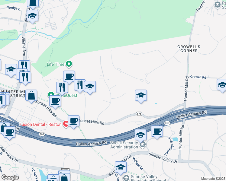 map of restaurants, bars, coffee shops, grocery stores, and more near 1741 Dressage Drive in Reston
