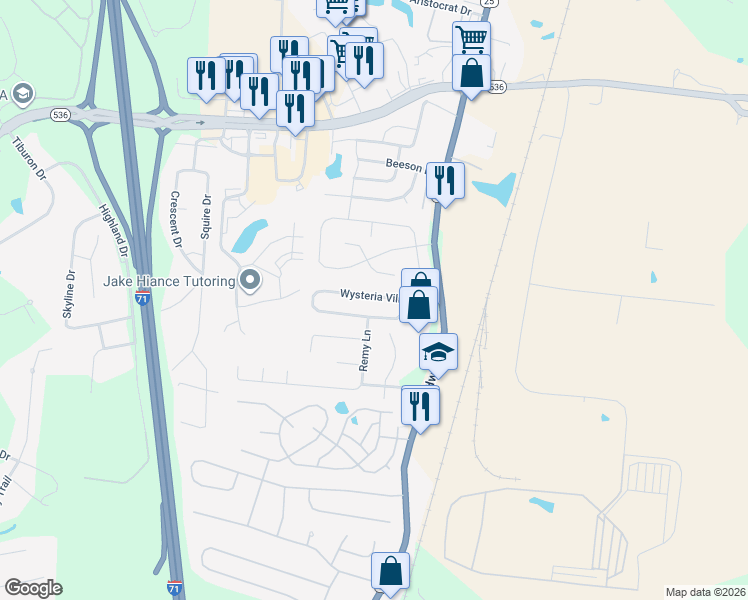 map of restaurants, bars, coffee shops, grocery stores, and more near 335 Wysteria Village Drive in Florence