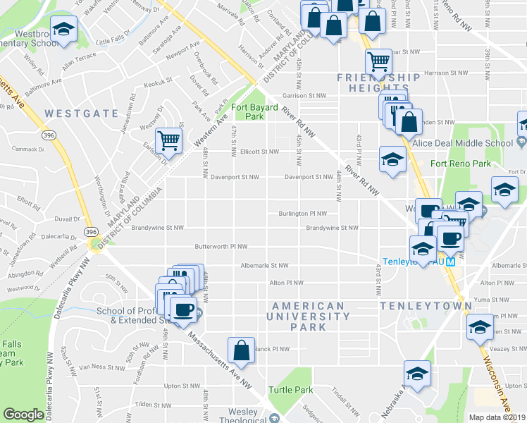 map of restaurants, bars, coffee shops, grocery stores, and more near 4616 46th Street Northwest in Washington