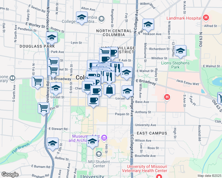 map of restaurants, bars, coffee shops, grocery stores, and more near 100 Hitt Street in Columbia