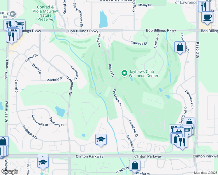 map of restaurants, bars, coffee shops, grocery stores, and more near 1901 Quail Run in Lawrence