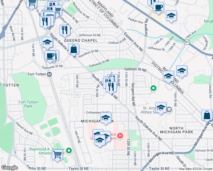 map of restaurants, bars, coffee shops, grocery stores, and more near 5019 South Dakota Avenue Northeast in Washington