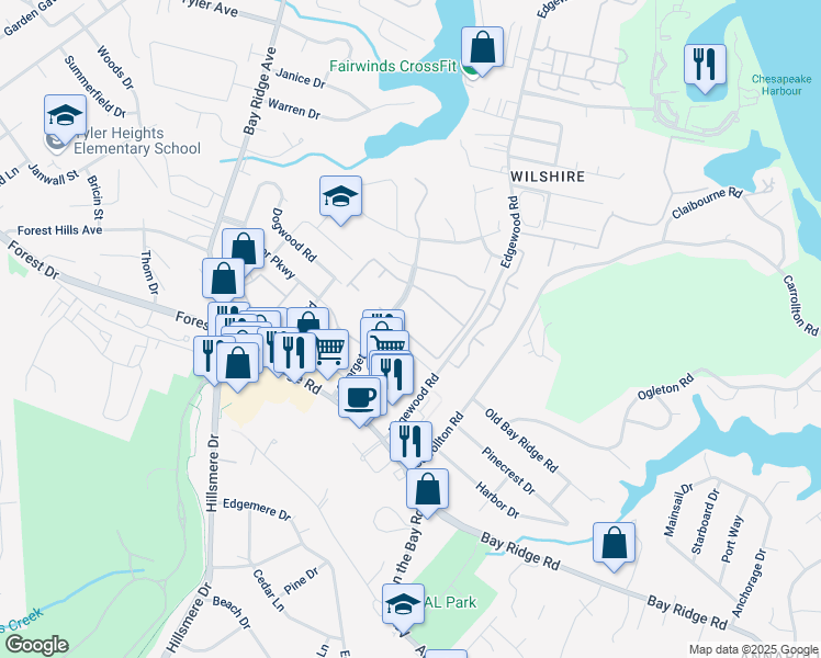 map of restaurants, bars, coffee shops, grocery stores, and more near 17 Silverwood Circle in Annapolis