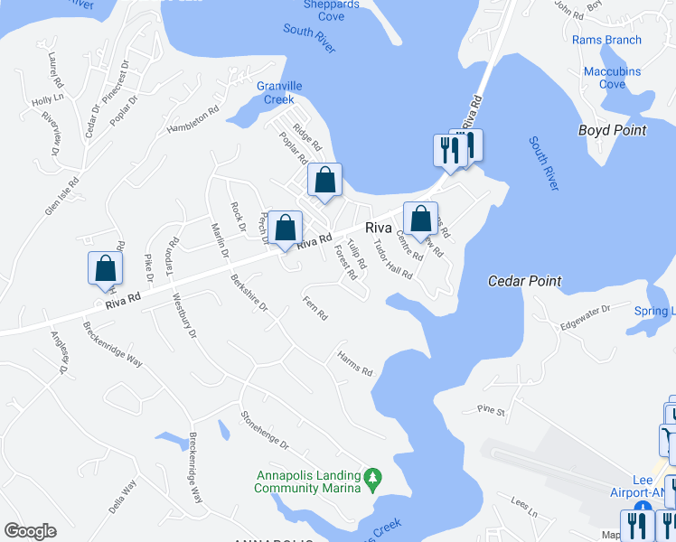 map of restaurants, bars, coffee shops, grocery stores, and more near 500 Fern Road in Riva