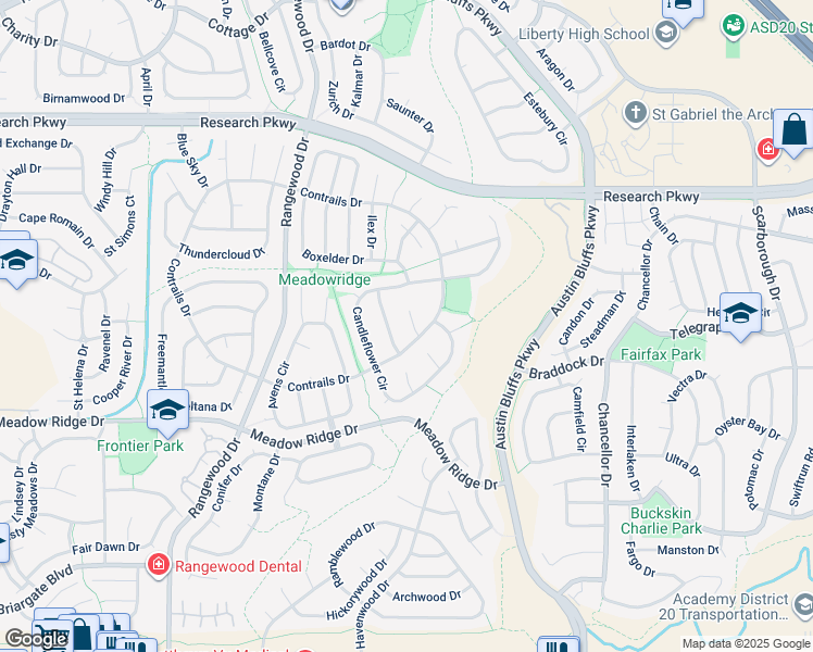 map of restaurants, bars, coffee shops, grocery stores, and more near 8130 Tulip Tree Court in Colorado Springs