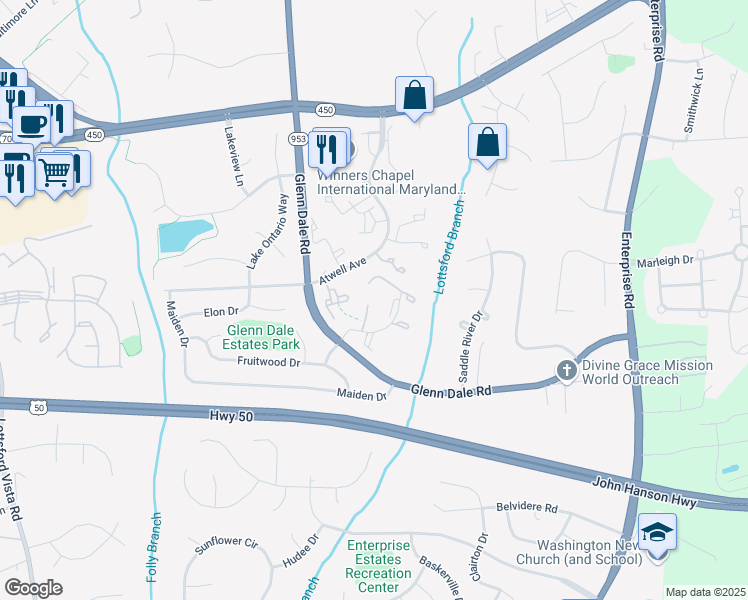 map of restaurants, bars, coffee shops, grocery stores, and more near 4321 Rockport Lane in Bowie