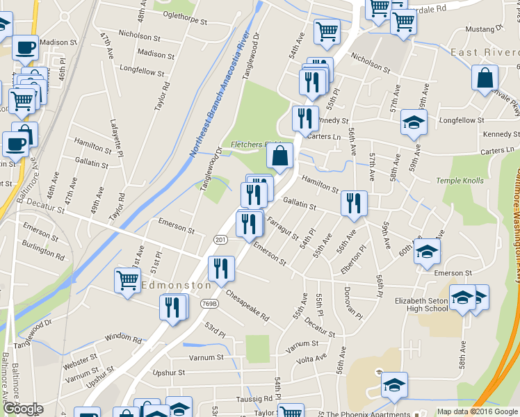 map of restaurants, bars, coffee shops, grocery stores, and more near 5026 Edmonston Road in Hyattsville