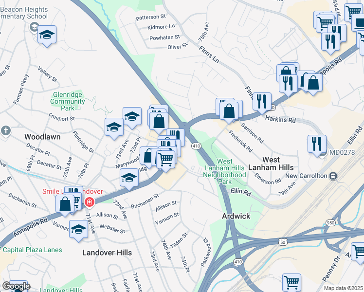 map of restaurants, bars, coffee shops, grocery stores, and more near 7511 Annapolis Road in Hyattsville