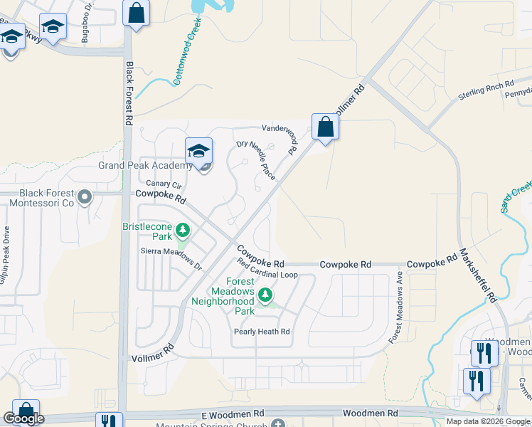 map of restaurants, bars, coffee shops, grocery stores, and more near 8282 Potentilla Grove in Colorado Springs