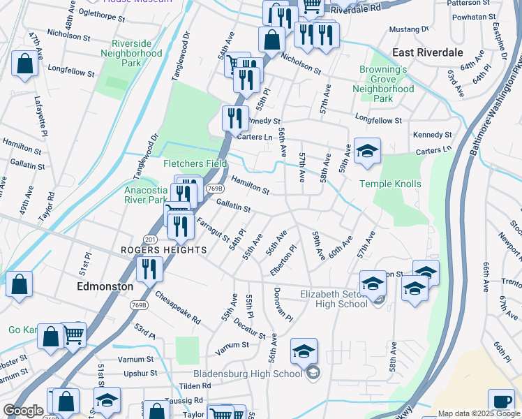 map of restaurants, bars, coffee shops, grocery stores, and more near 5414 Gallatin Street in Hyattsville