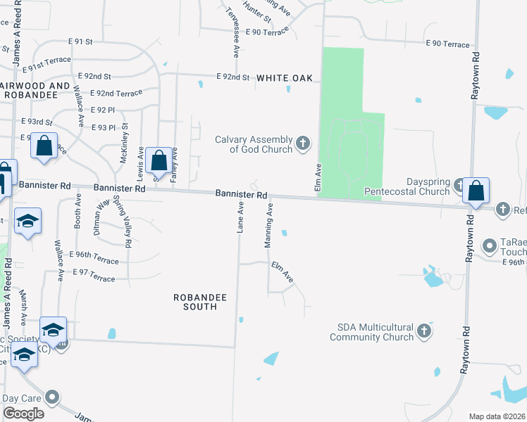 map of restaurants, bars, coffee shops, grocery stores, and more near 9516 Manning Avenue in Kansas City