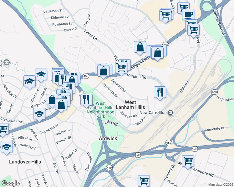 map of restaurants, bars, coffee shops, grocery stores, and more near 7726 Frederick Road in Hyattsville