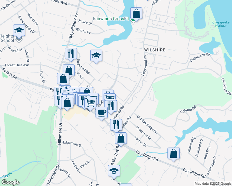 map of restaurants, bars, coffee shops, grocery stores, and more near 3 Silverwood Circle in Annapolis