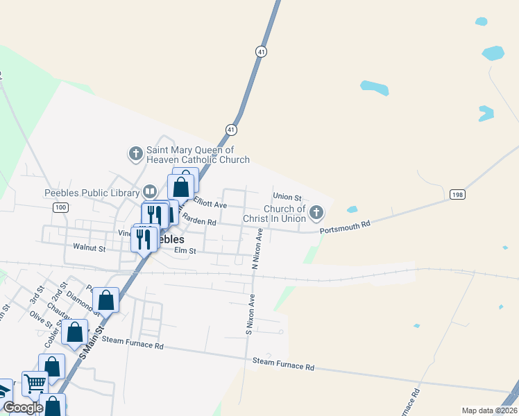 map of restaurants, bars, coffee shops, grocery stores, and more near 202 Elliott Ave in Peebles