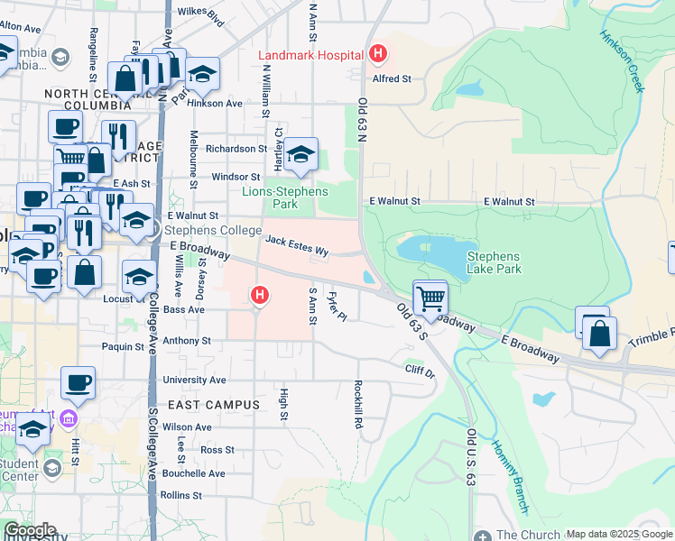 map of restaurants, bars, coffee shops, grocery stores, and more near 1705 East Broadway in Columbia