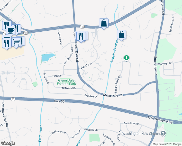 map of restaurants, bars, coffee shops, grocery stores, and more near 4330 Rockport Lane in Bowie