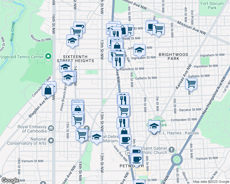 map of restaurants, bars, coffee shops, grocery stores, and more near 4915 Arkansas Avenue Northwest in Washington