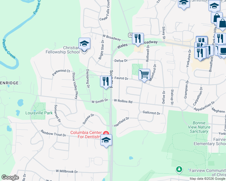 map of restaurants, bars, coffee shops, grocery stores, and more near 504 South Scott Boulevard in Columbia
