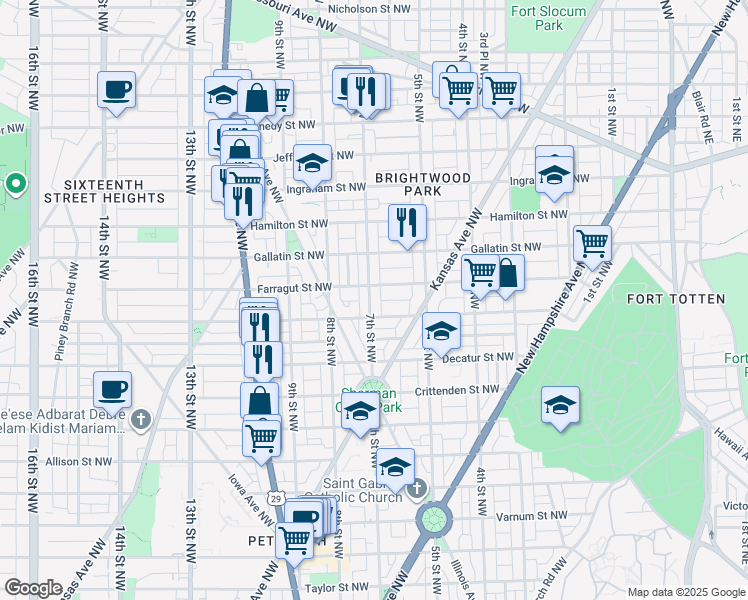 map of restaurants, bars, coffee shops, grocery stores, and more near 4919 7th Street Northwest in Washington