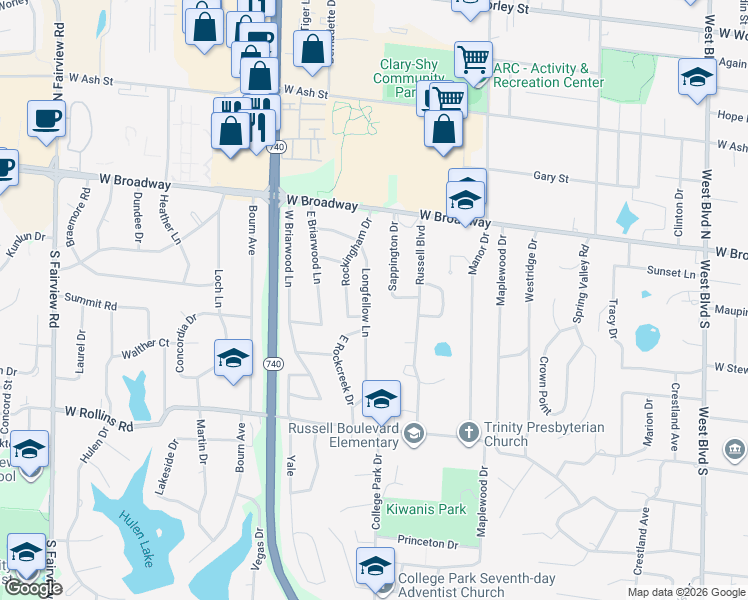 map of restaurants, bars, coffee shops, grocery stores, and more near 302 Longfellow Lane in Columbia